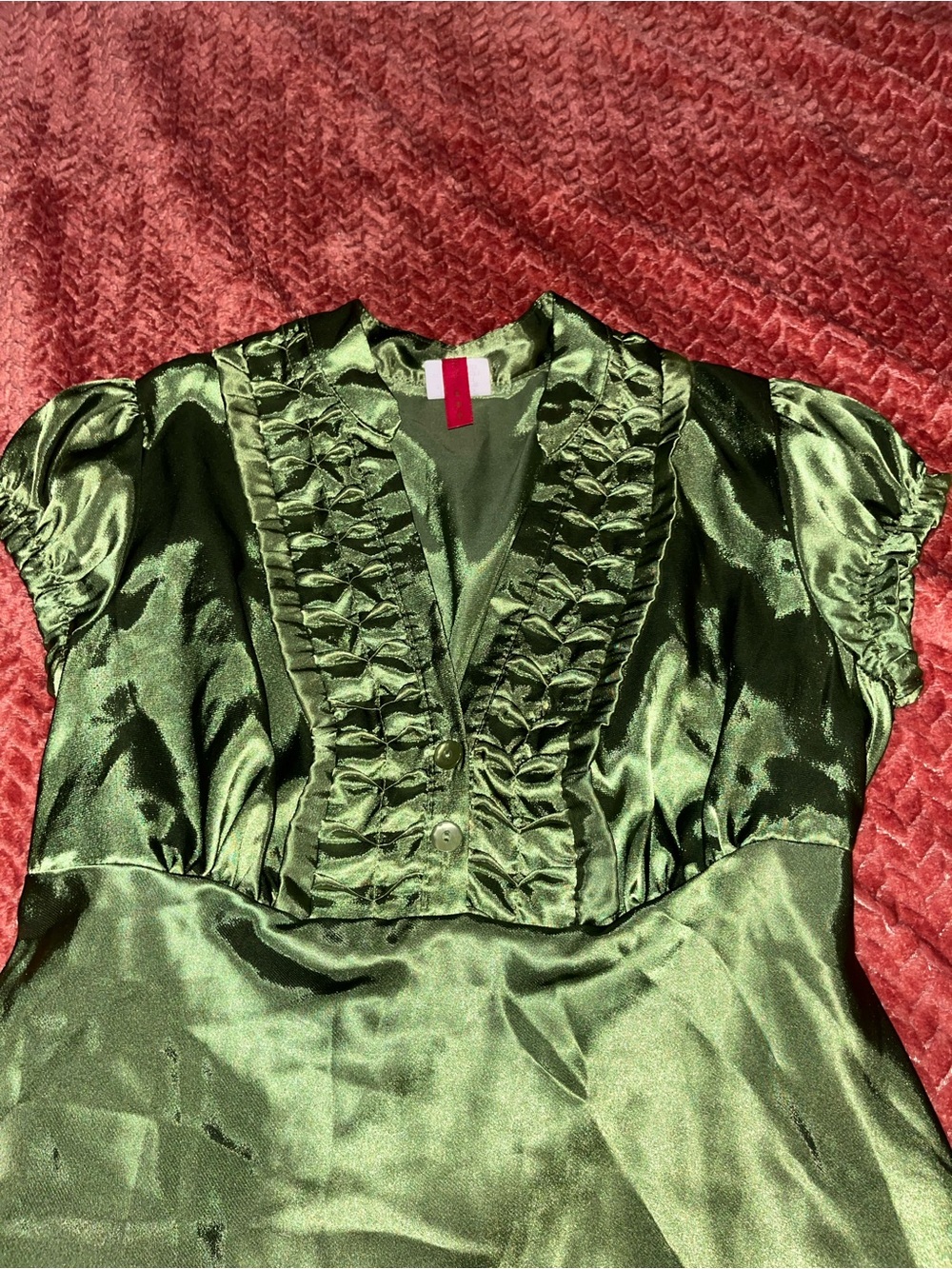 HeartSoul Satin Olive Green Ruffle V-Neck Blouse. Size S - Picture 2 of 3